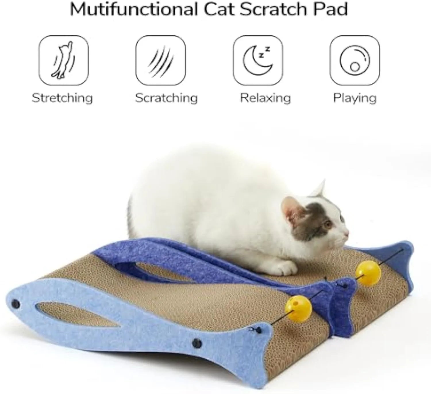 Blue fish-shaped cardboard cat scratcher pad with a red bell toy attached