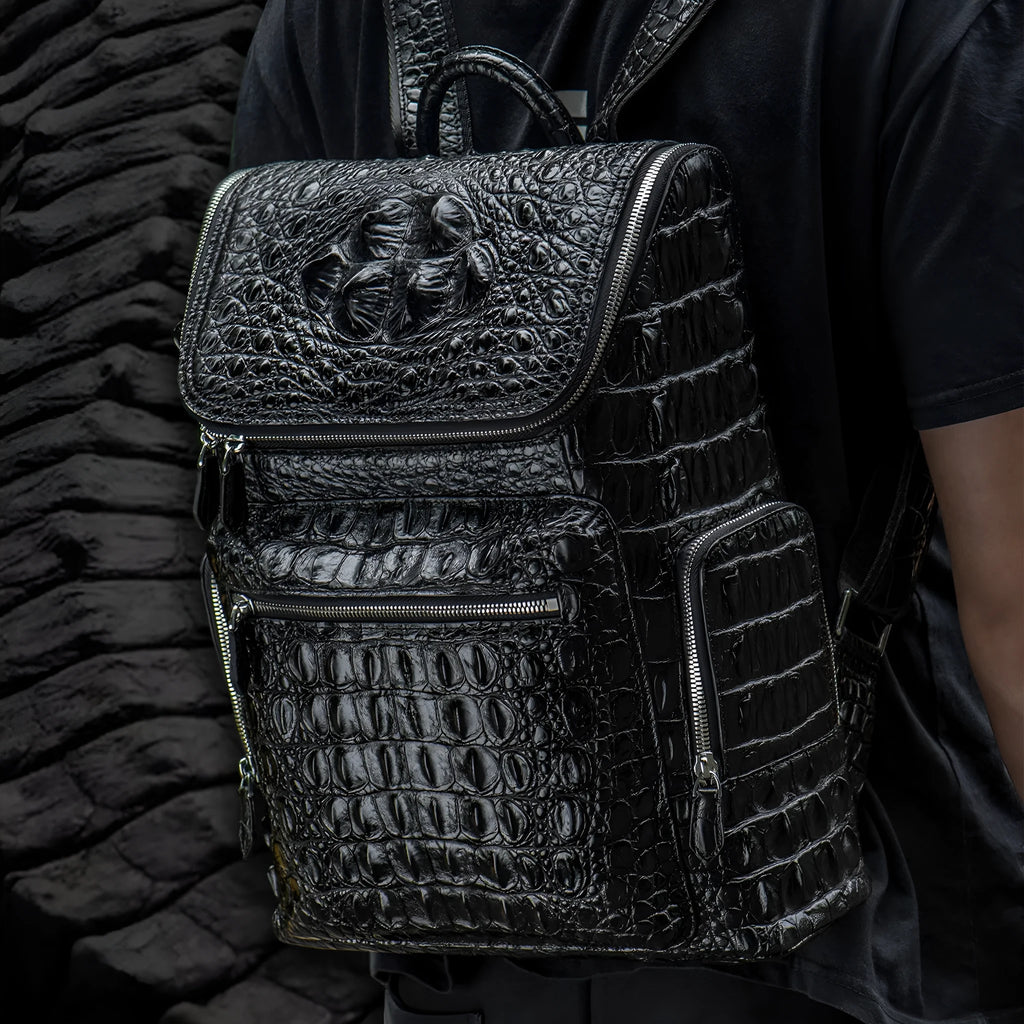 Kurayoshi handmade crocodile leather vertical square backpack with double shoulder straps and zipper closure