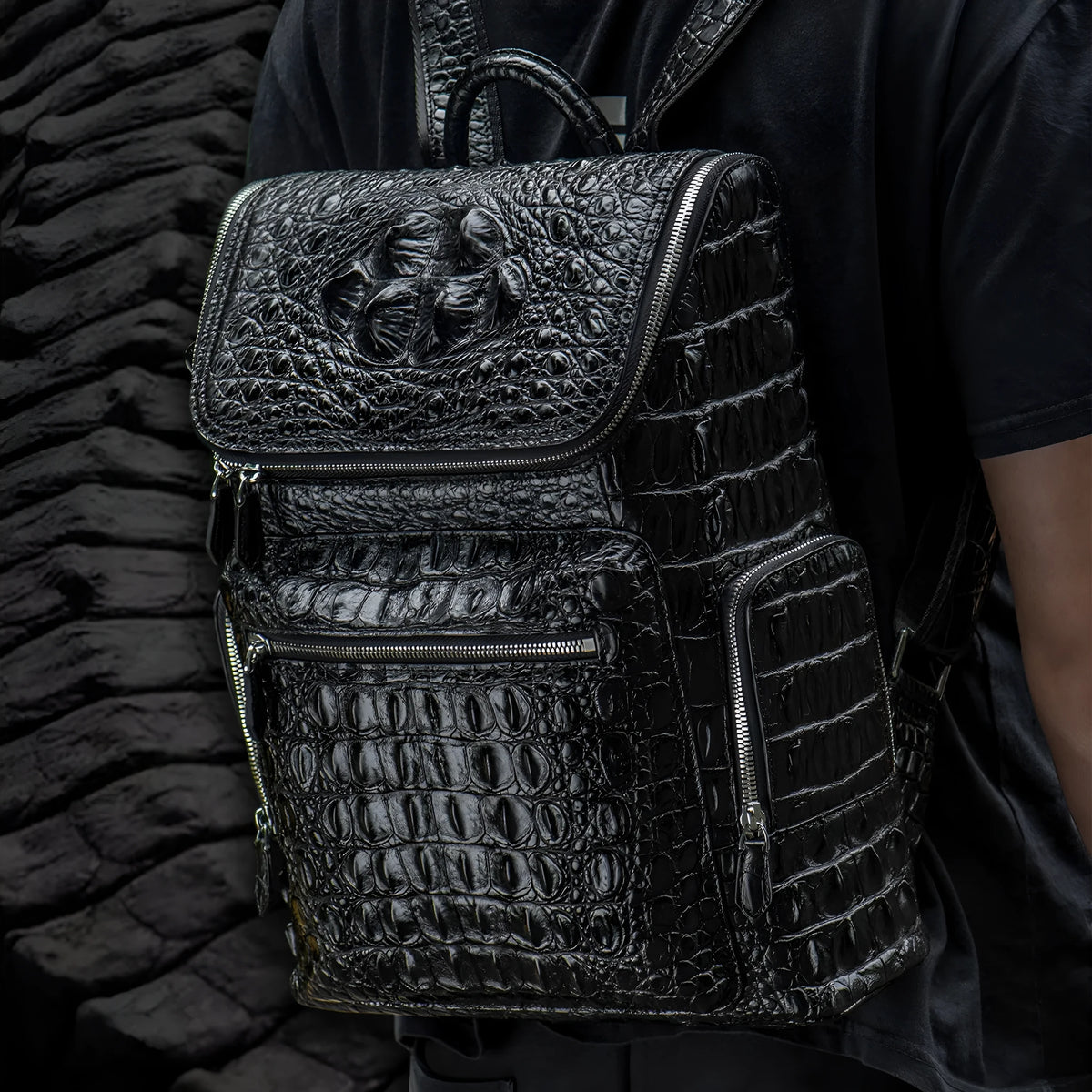 Kurayoshi handmade crocodile leather vertical square backpack with double shoulder straps and zipper closure