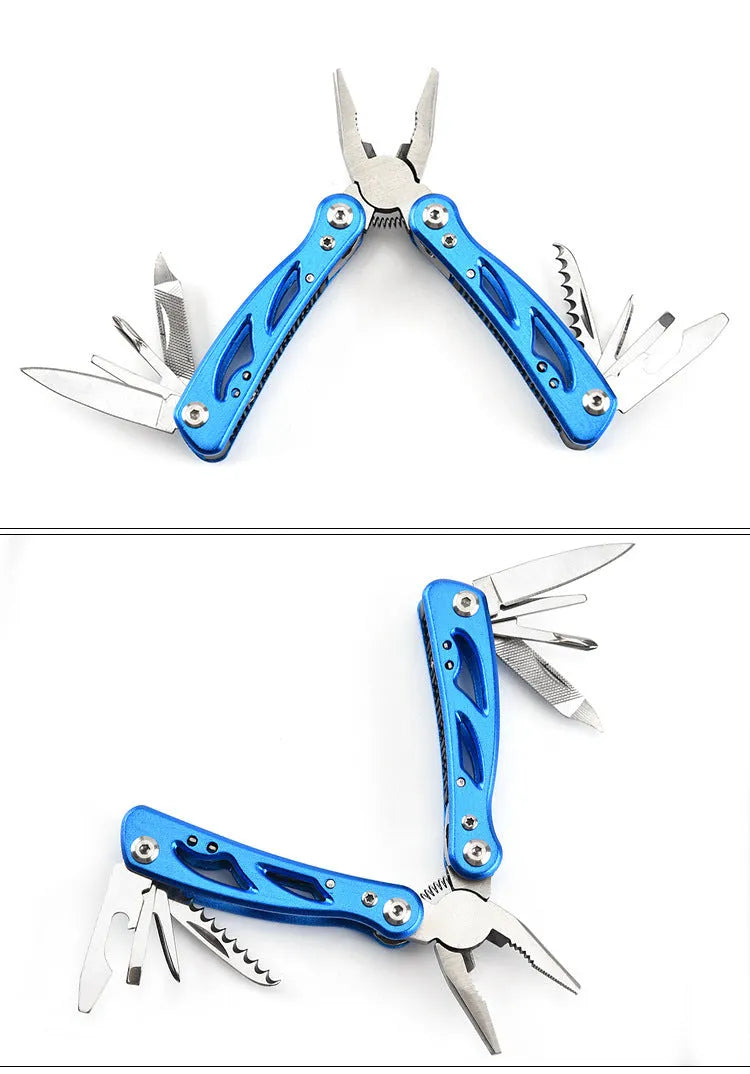Blue multi-function stainless steel pliers with folding knife shown with Oxford storage bag