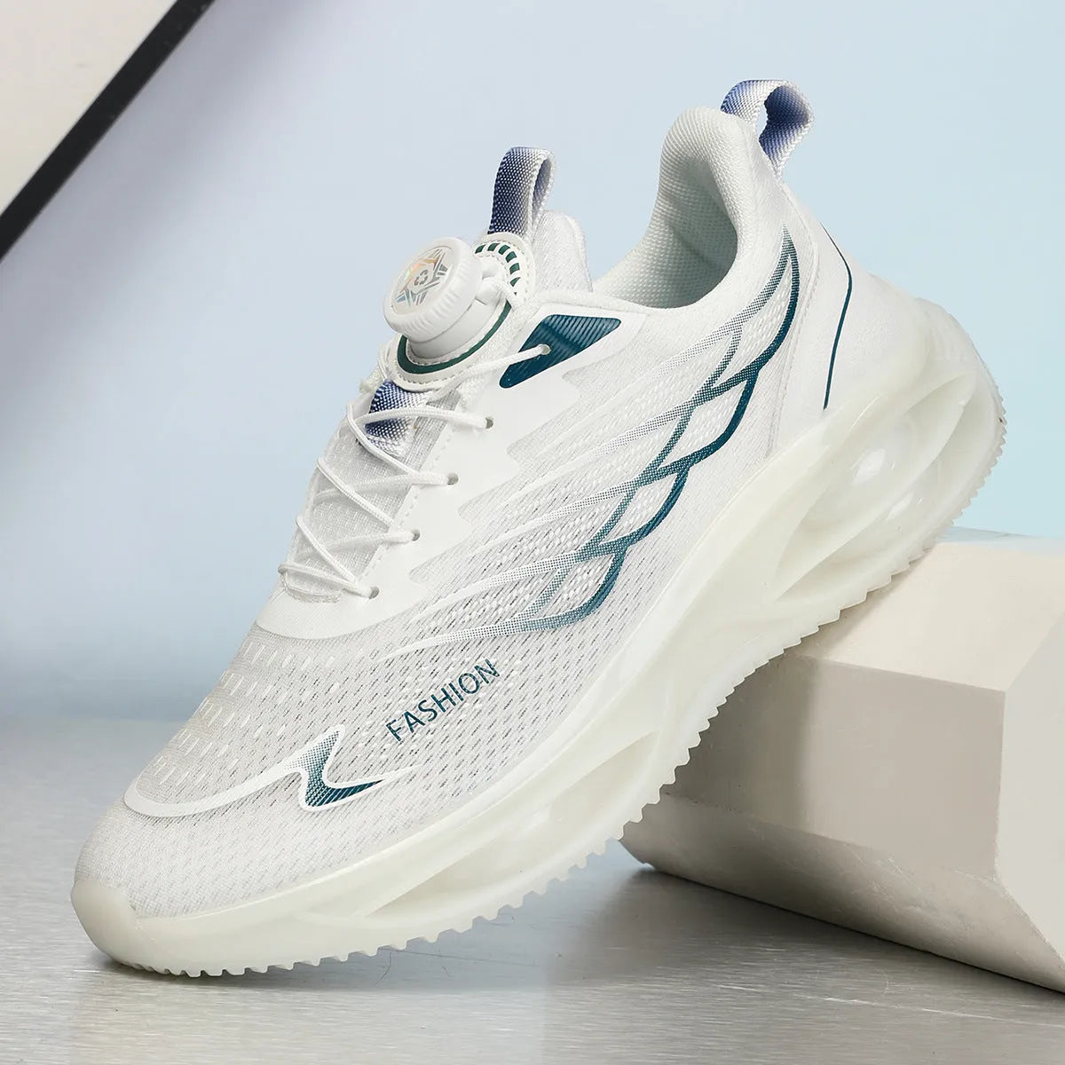 Casual running shoes with breathable PU mesh upper in sky blue, black gold, or white colours with rubber sole