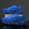 Men's Sapphire Blue flame print lace-up sports shoes with mesh upper on a white background.