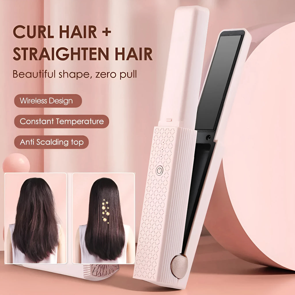 Compact pink cordless USB hair straightener and curler with ceramic plates on a white background.