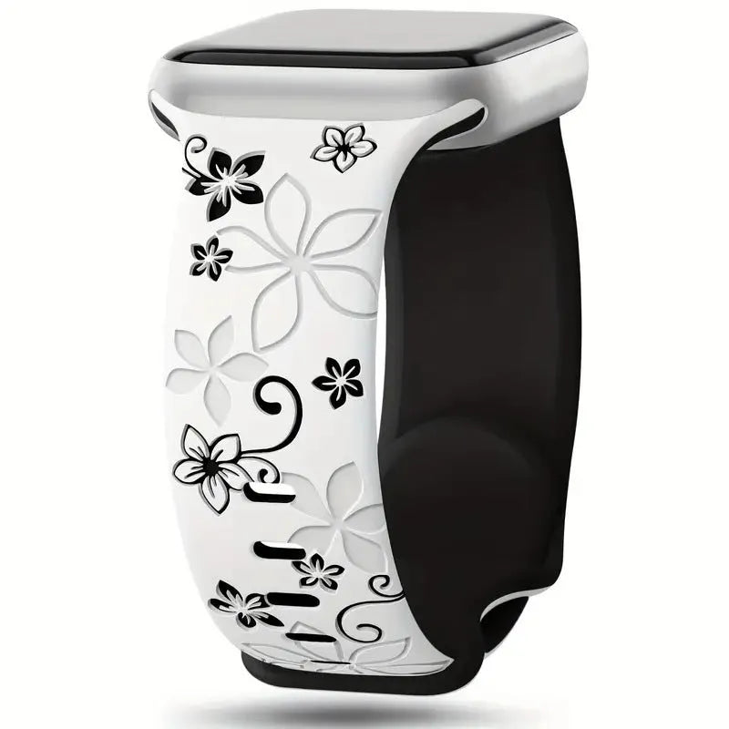 Two-tone silicone Apple Watch strap with Bauhinia pattern in black, white, purple, blue, green, pink, or brown