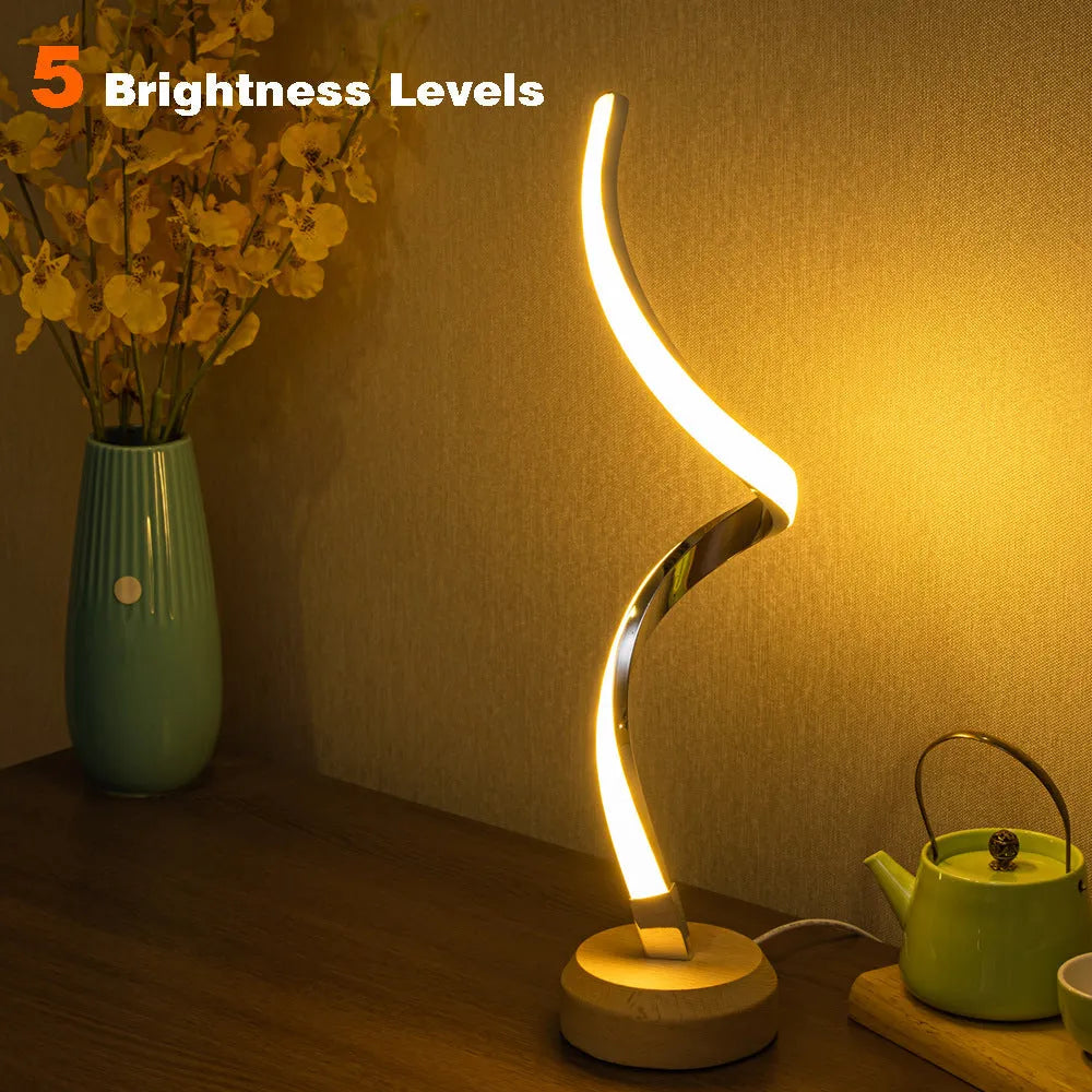 LED spiral table lamp with wooden base, USB power, touch dimming, and warm white light panel for bedside or desk.