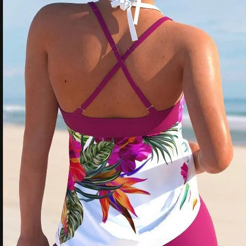 Women's floral print swimsuit with chest pad in purple red colour, two-piece design