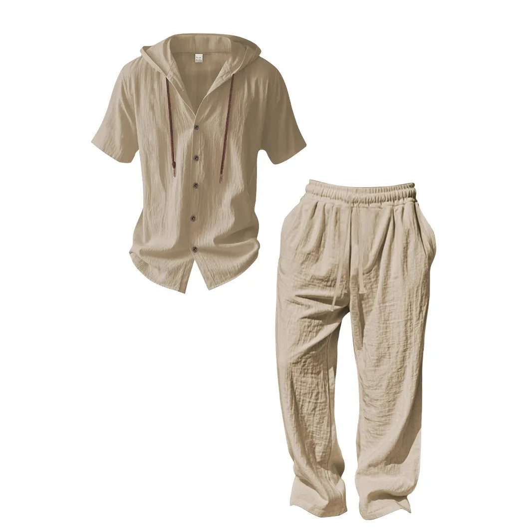 Men's casual cotton leisure suit set in grey, showing long sleeve top and trousers laid flat.