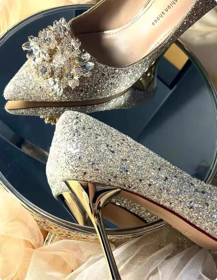 Champagne coloured bridal shoes with rhinestone crystal flower patterns and pointed toe design