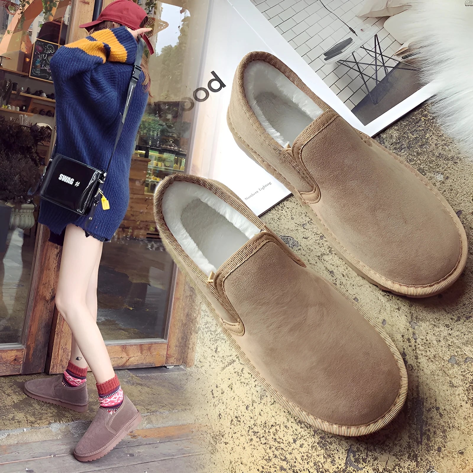 Flat-heel snow boot with fleece lining in multiple colour options on a rubber sole.