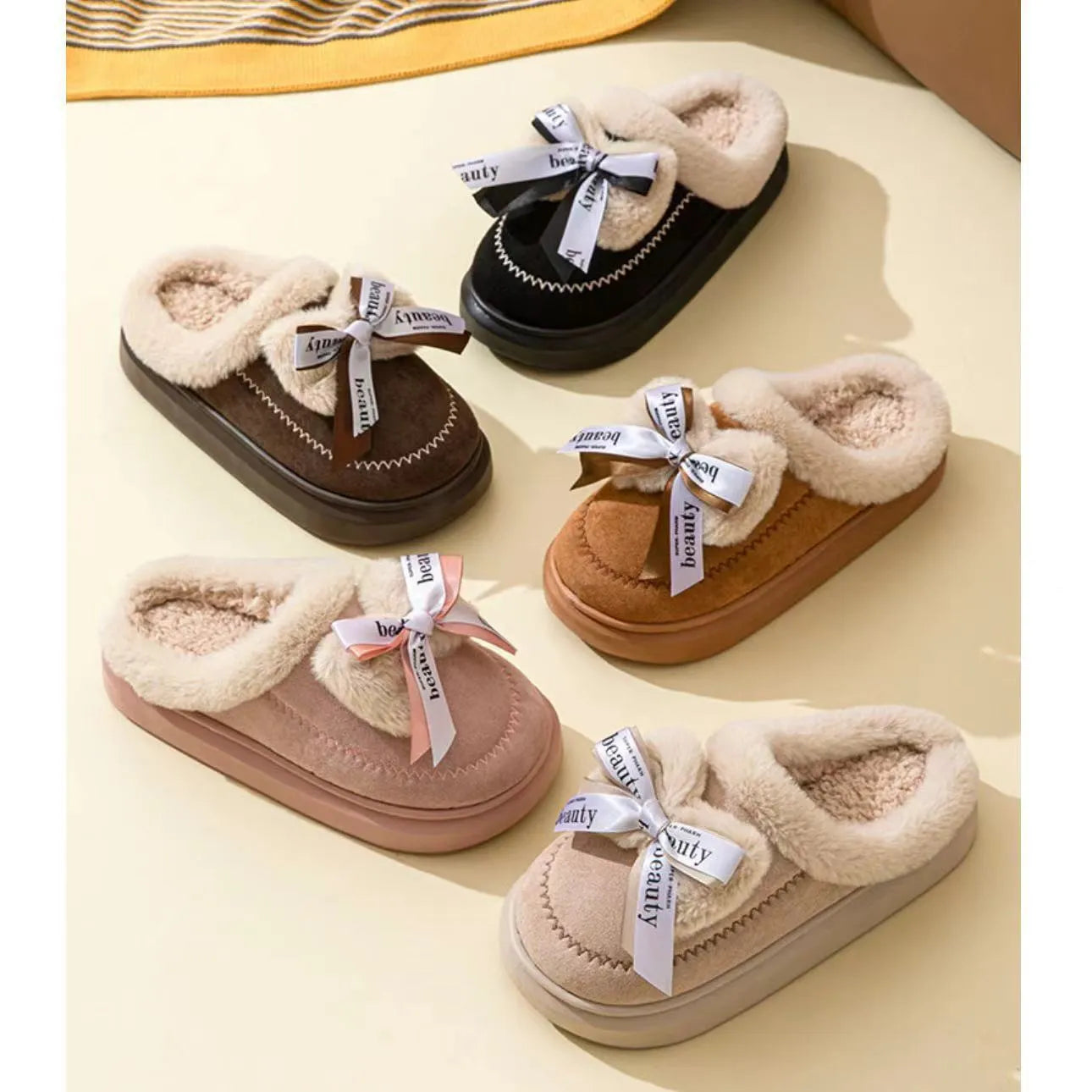 Women's ribbon bow half slippers in khaki with thick EVA sole and artificial wool lining