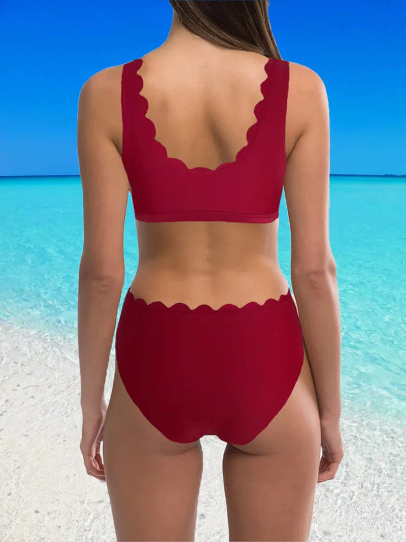 Women's solid colour high-waist split swimsuit in red, black or blue options