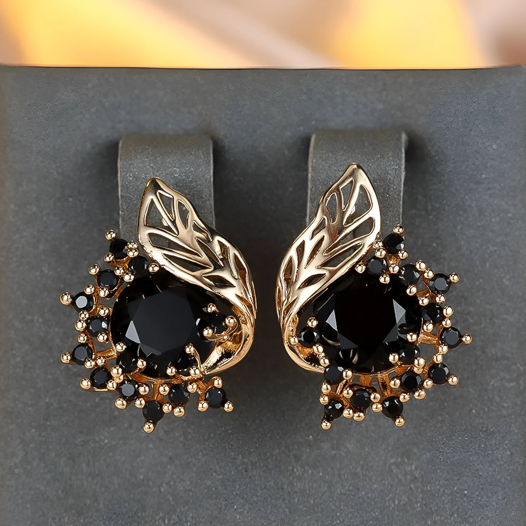 Round flower feather design zircon earrings in rose gold with six champagne gold colour options