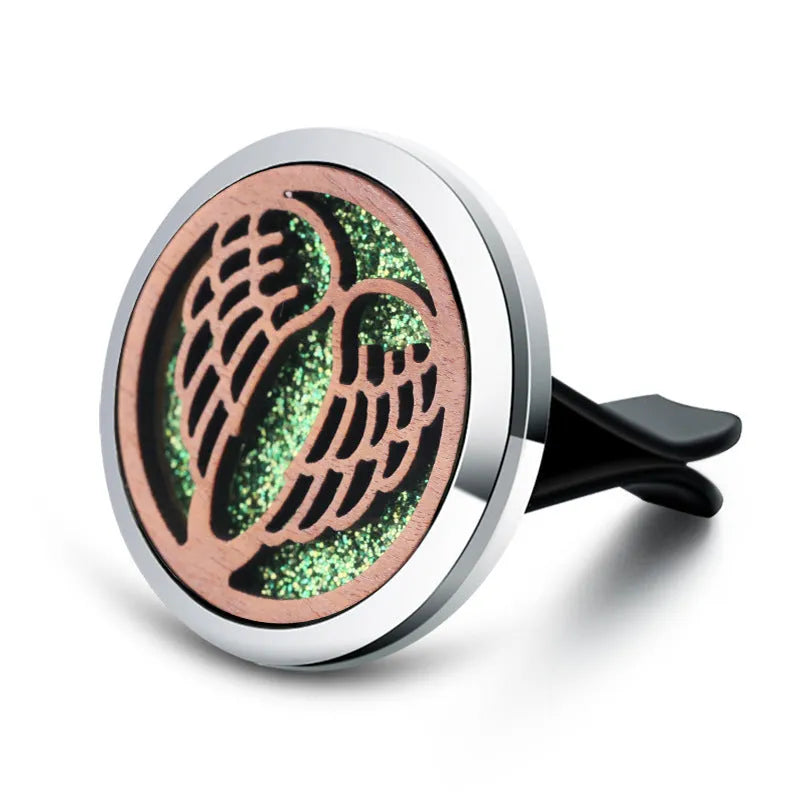 Round car hollow wood aromatherapy clip for air vents with alloy and wood construction