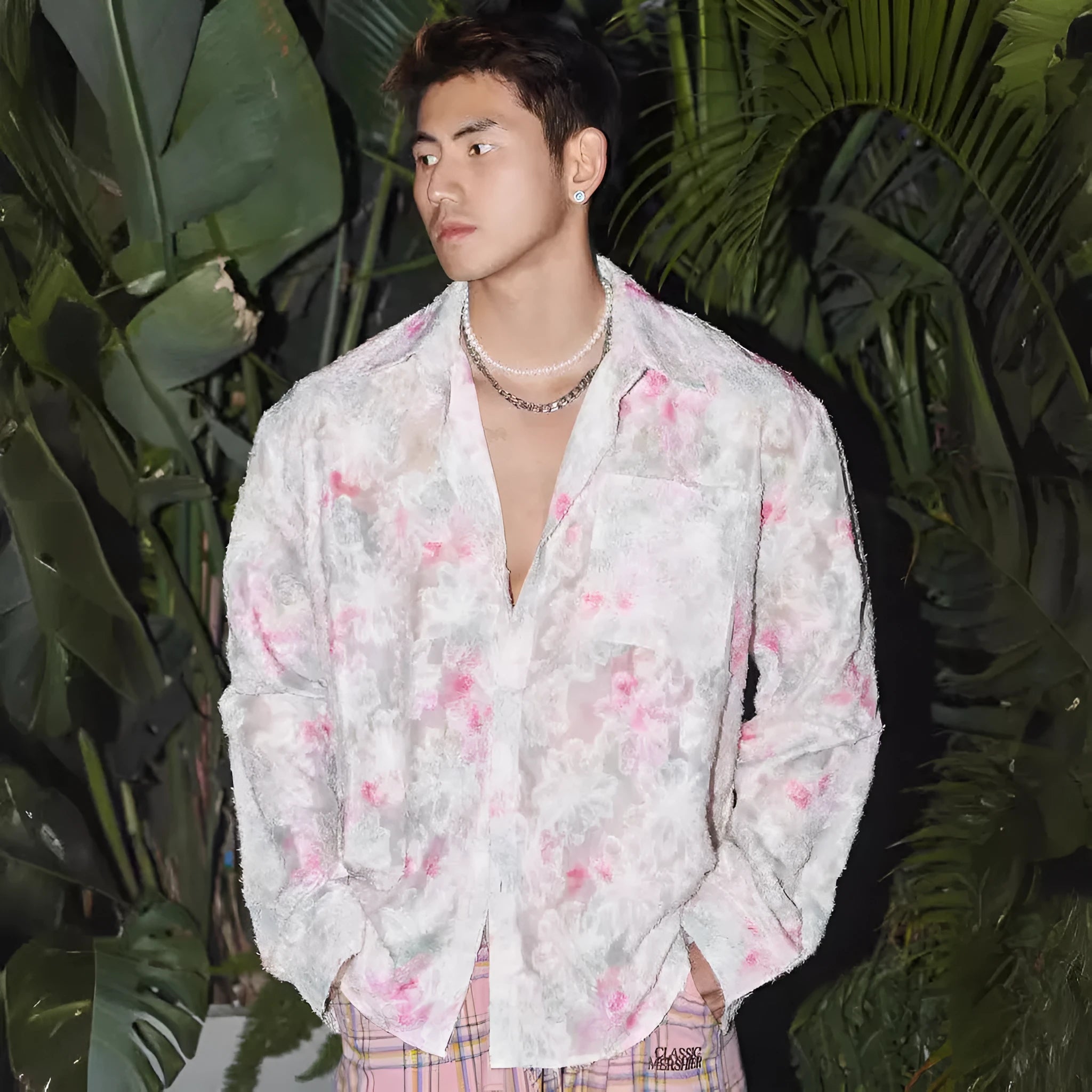 Pink floral long sleeve shirt with three-dimensional embossing pattern and loose fit design