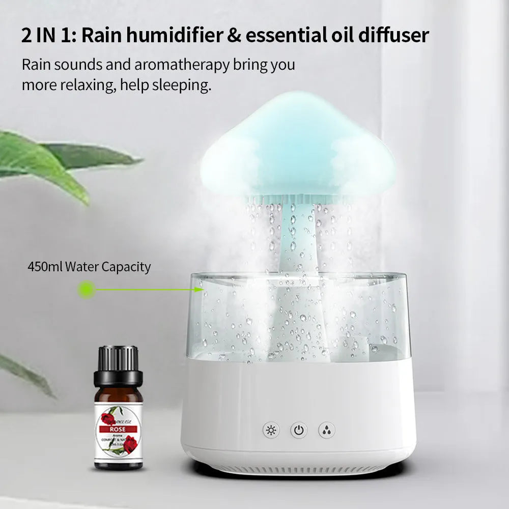 White raining cloud desk humidifier and night light with mushroom lamp design for aromatherapy