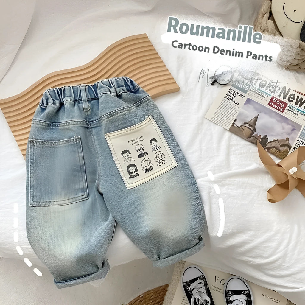 Light coloured boys casual denim jeans with elastic waist and personalised back pocket print