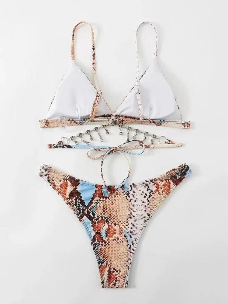 Light brown split bikini set with shoulder straps, polyester two-piece swimsuit in sizes S to XL
