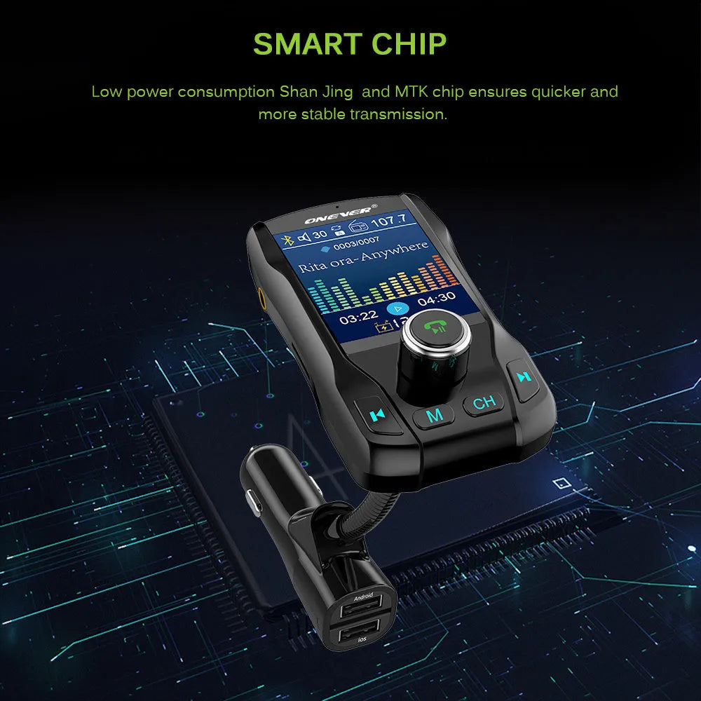 Black car Bluetooth FM transmitter with colour screen and dual USB ports plugged into a car dashboard