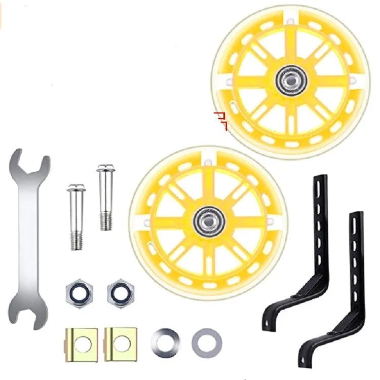 Set of two metal training wheels with brackets and hardware for a children's bicycle.