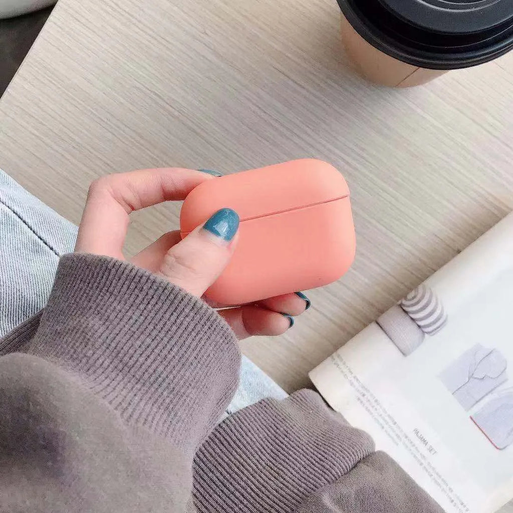 Plastic protective case for compatible AirPods Pro earbuds shown in a selection of colours.