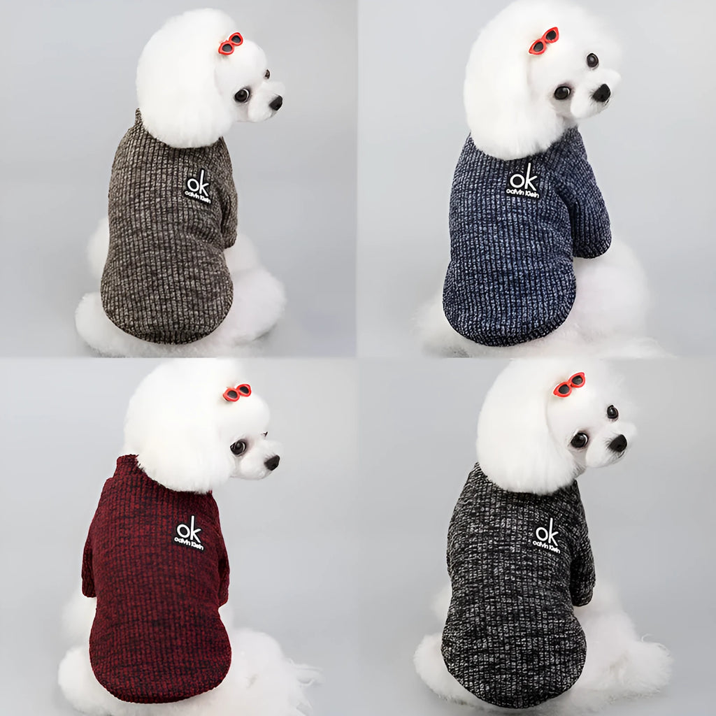 Wool pet sweater in England style, available in coffee, wine red, black, and blue, sizes S to XXL.