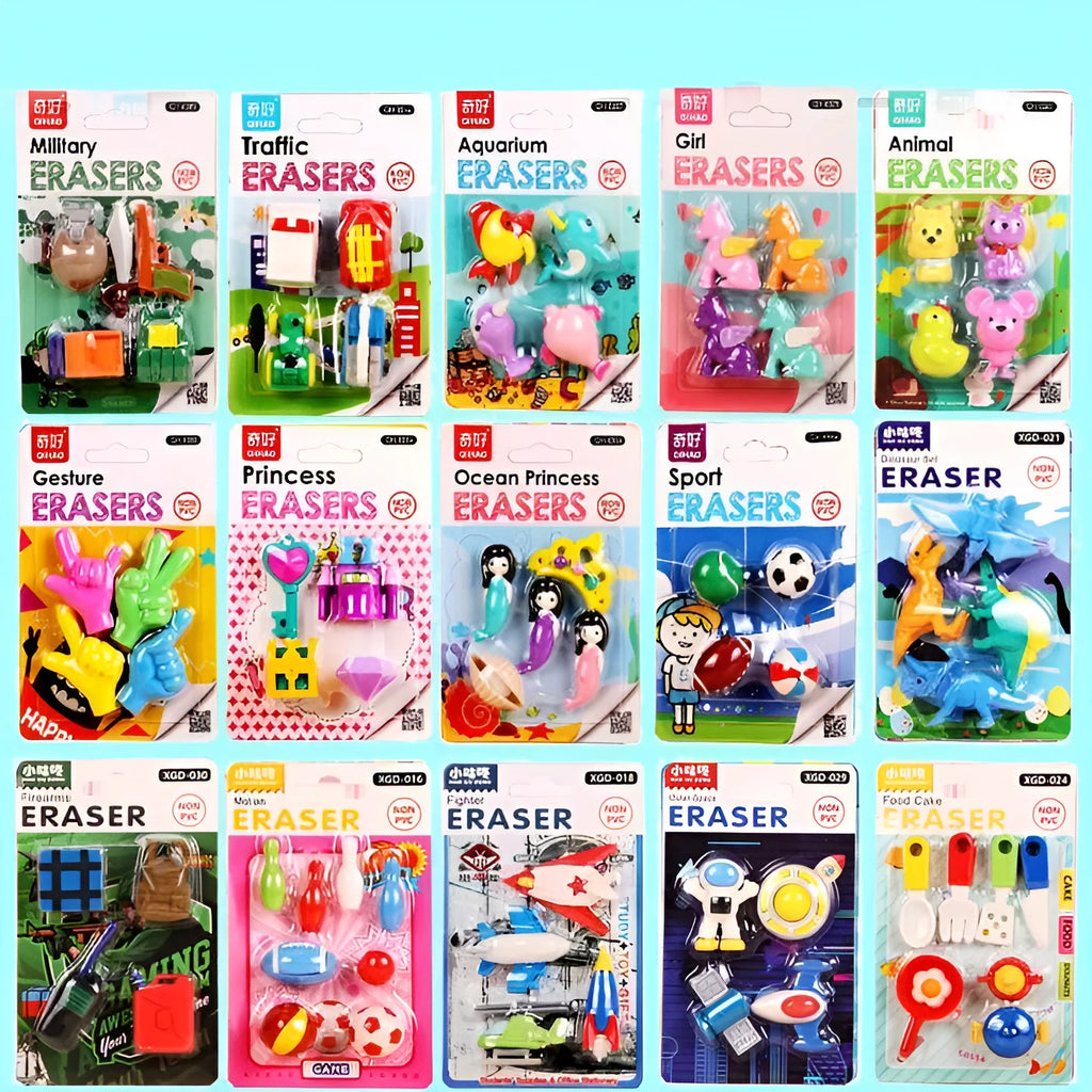 Set of 24 mini erasers with military, vehicle, dinosaur, castle, animal, and fantasy designs in TPR material
