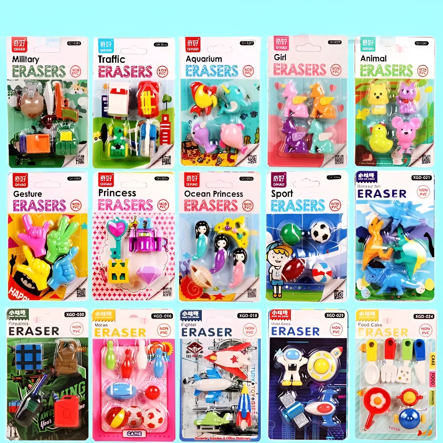 Set of 24 mini erasers with military, vehicle, dinosaur, castle, animal, and fantasy designs in TPR material