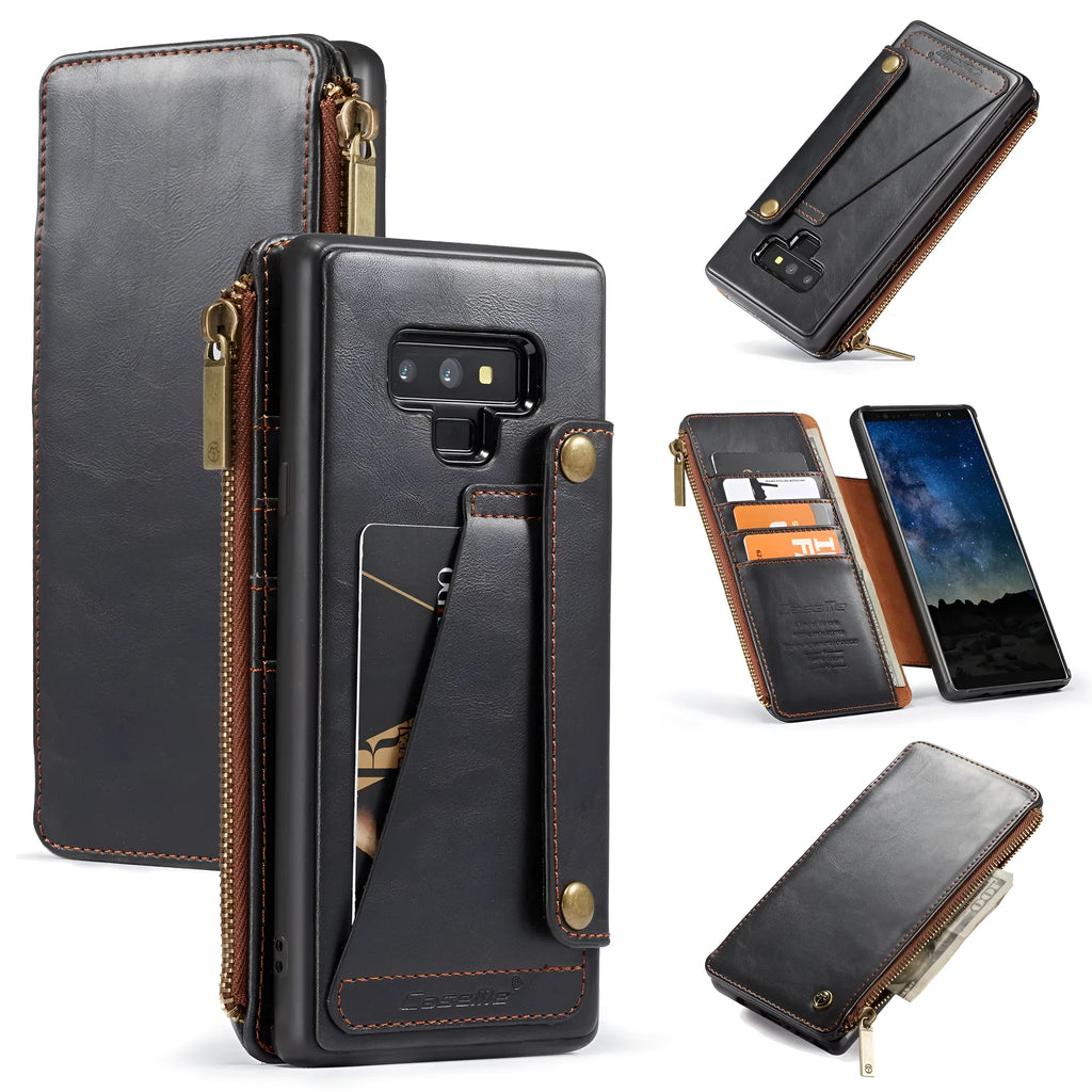 Black PU leather flip phone case for Samsung Galaxy Note9, shown open and closed.