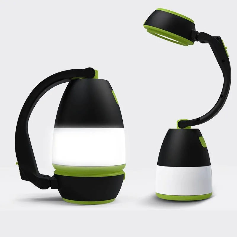 Black green multifunctional 3-in-1 foldable LED lamp with adjustable head on a table.