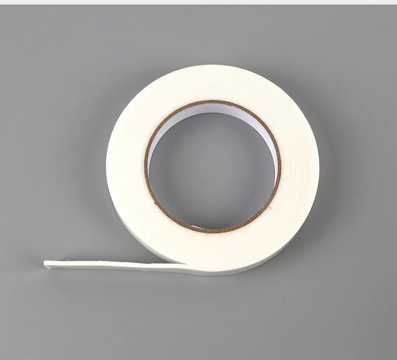 Roll of 3mm thick foam double-sided adhesive tape showing sponge core, with size options 15mm, 18mm, and 30mm wide.