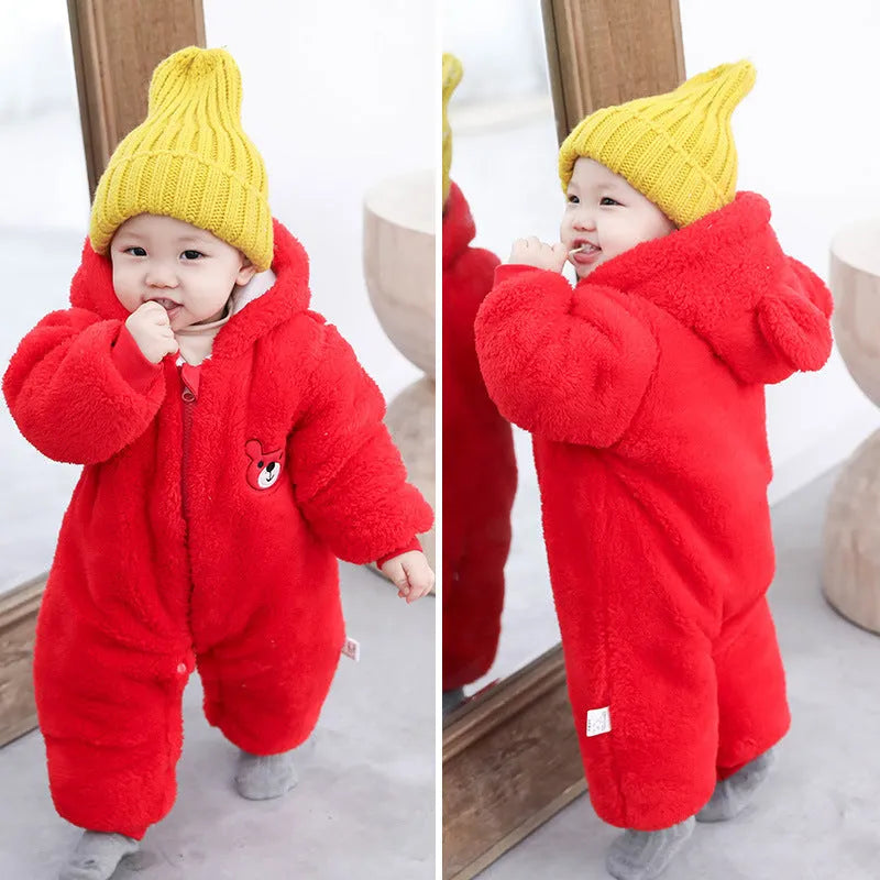 Flannel zipper bear baby jumpsuit for newborn in blue on white background showing full front view