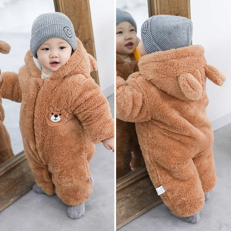 Flannel zipper bear baby jumpsuit for newborn in blue on white background showing full front view