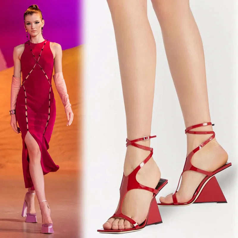 Women's black high heel sandals with a 9.5cm block heel and square toe design on a white background.