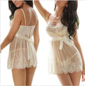 White spandex lingerie set laid flat, available in sizes S, M, and L.