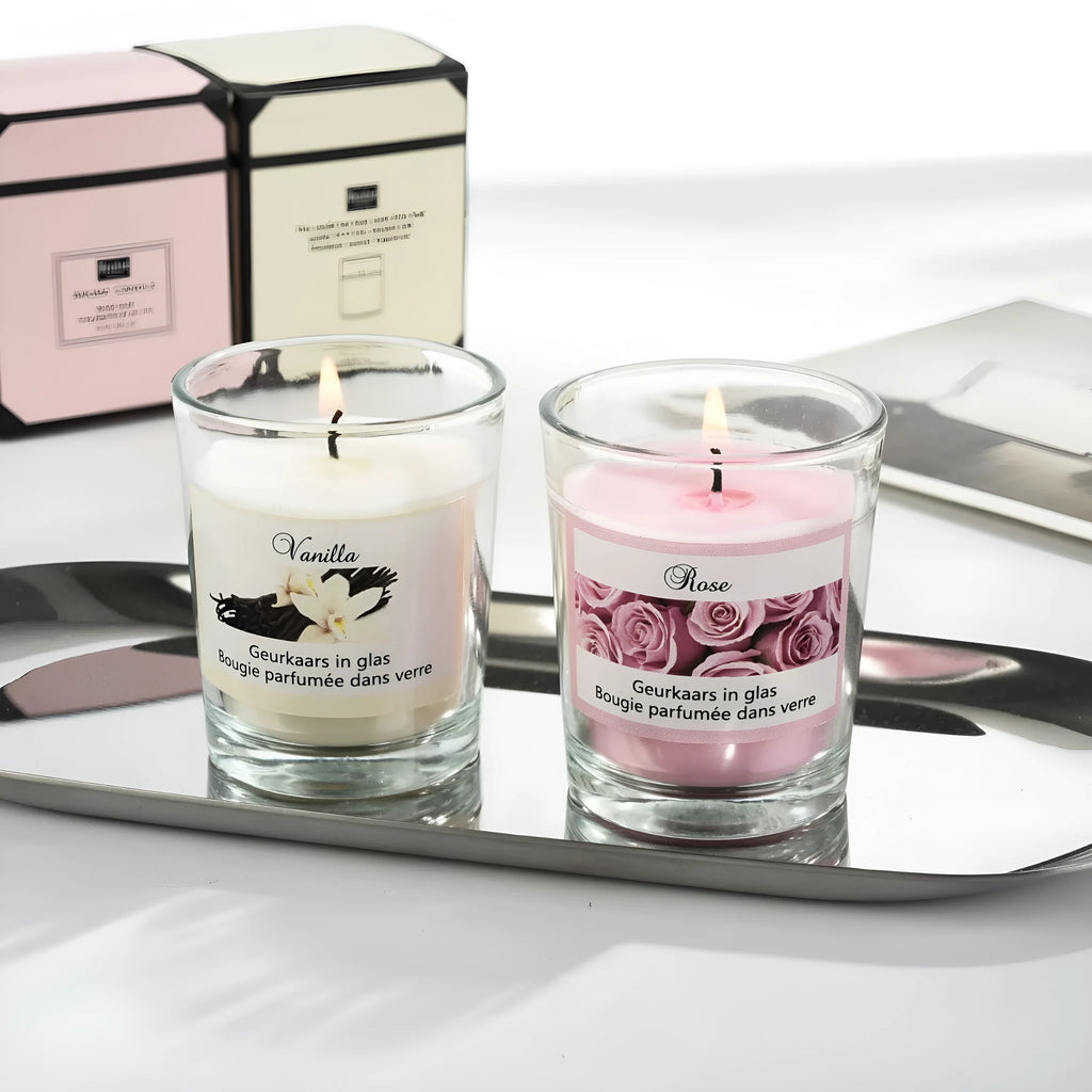 Handmade soy wax cup candle 5x6cm in transparent glass cup, boxed pink or white option