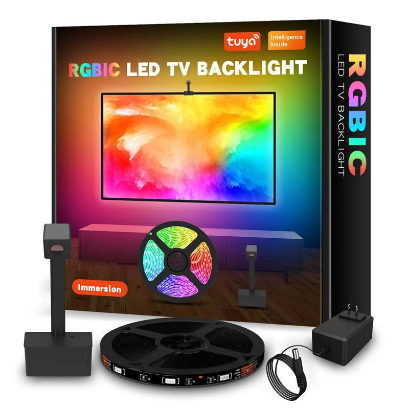 Black smart TV LED backlight strip with camera controller for automatic colour sync, showing remote and app control.
