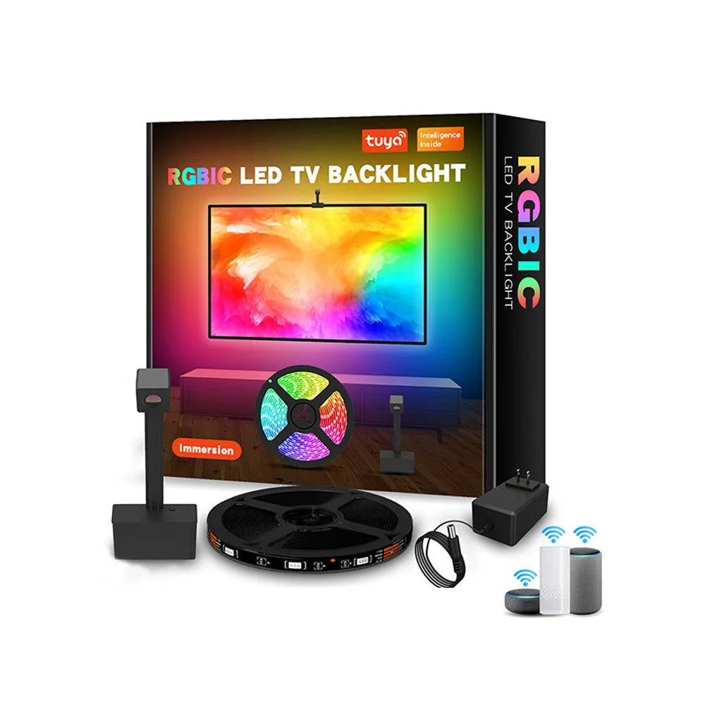 Black smart TV LED backlight strip with camera controller for automatic colour sync, showing remote and app control.