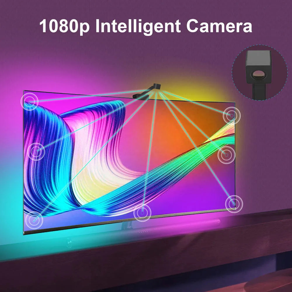 Black smart TV LED backlight strip with camera controller for automatic colour sync, showing remote and app control.