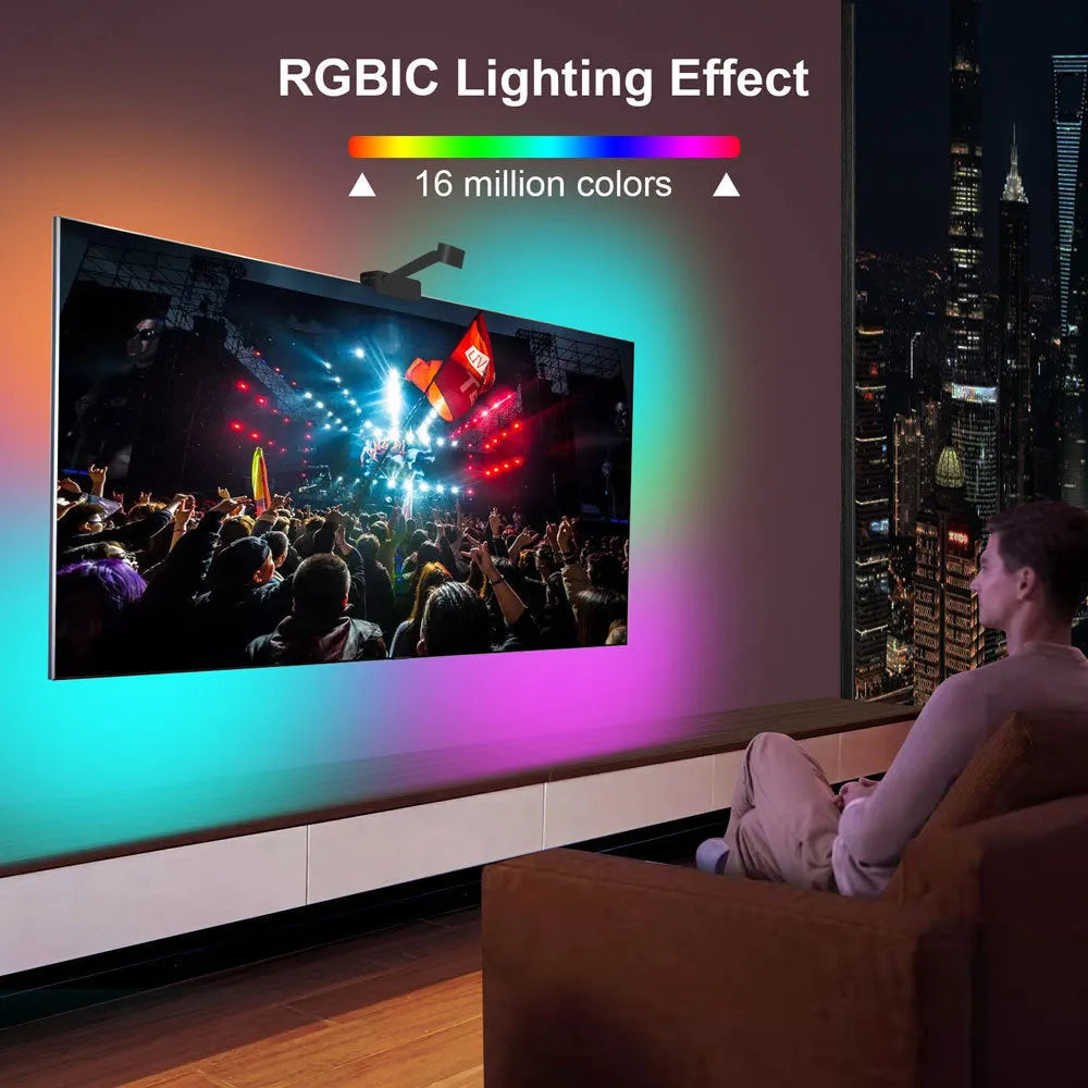 Black smart TV LED backlight strip with camera controller for automatic colour sync, showing remote and app control.