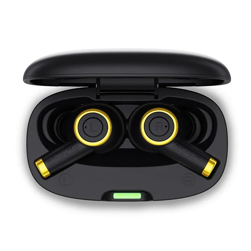 Black true wireless sports headphones with three sizes of earplugs and USB Type-C charging cable