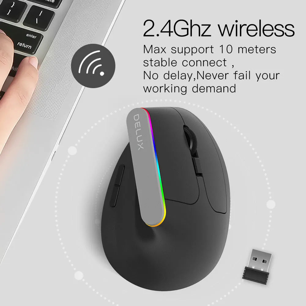 M618C vertical ergonomic wireless mouse in black or white with RGB lighting, shown from the side.