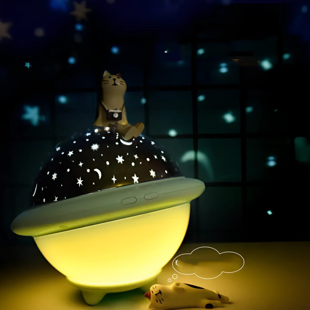 UFO-shaped plastic night light projecting starry sky pattern, available in green, pink, or white
