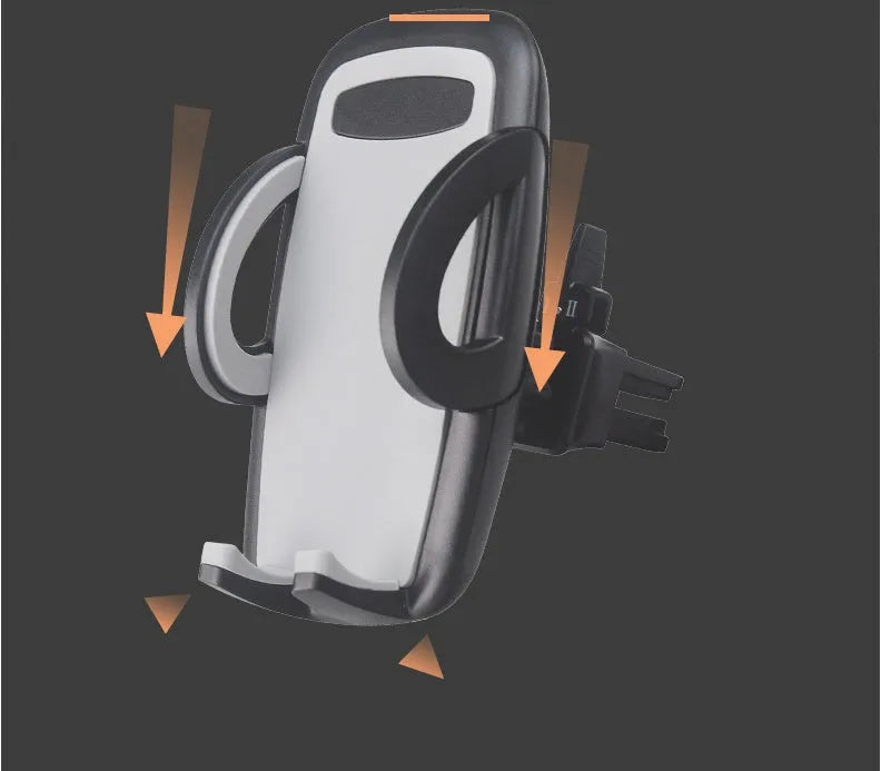Black plastic universal car phone holder mounted on a car air vent