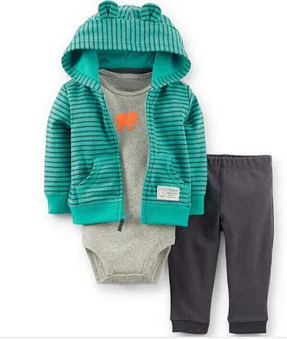 Three-piece children's clothing set with hooded long-sleeve top and trousers for infants and young children aged 1-3 years