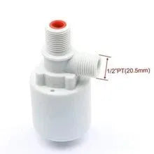 White nylon automatic float valve with threaded connection for water tank level control.
