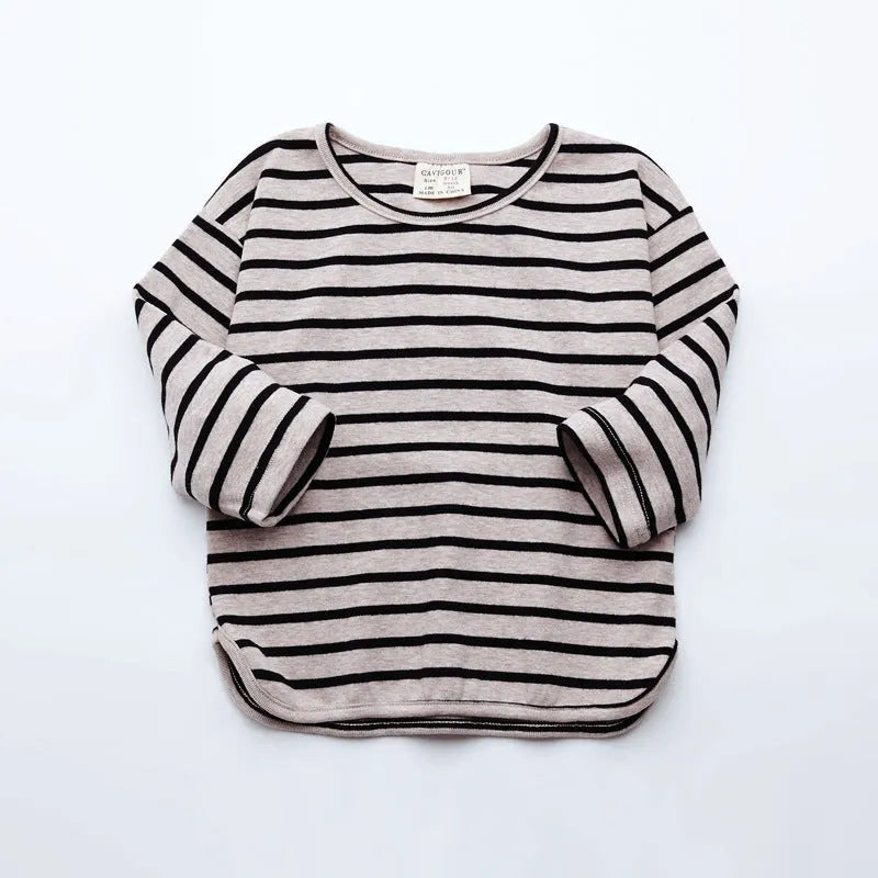 Red and white striped long sleeve cotton t-shirt for a baby girl on a hanger