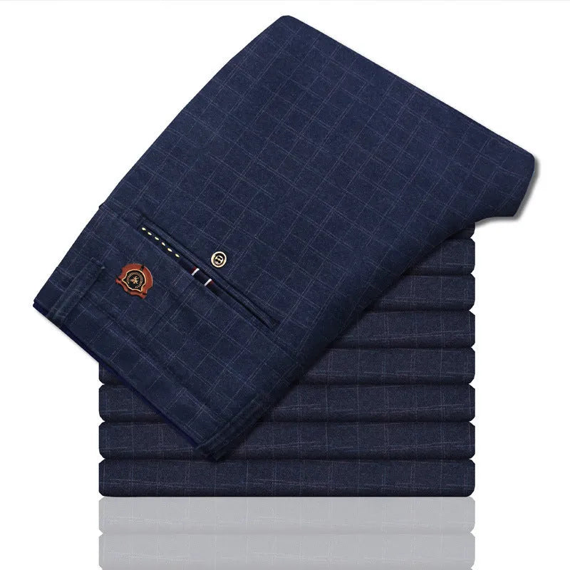 Men's plaid cotton and linen straight trousers in Black or Blue, Asian sizes 28 to 38, straight-leg cut.