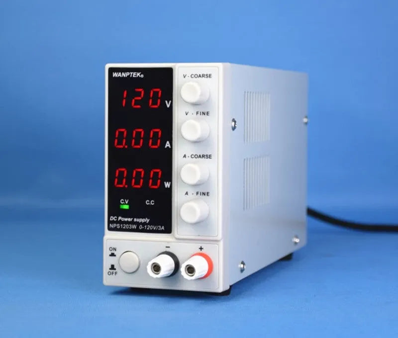 White adjustable DC laboratory power supply with digital display, model S605W, UK plug.