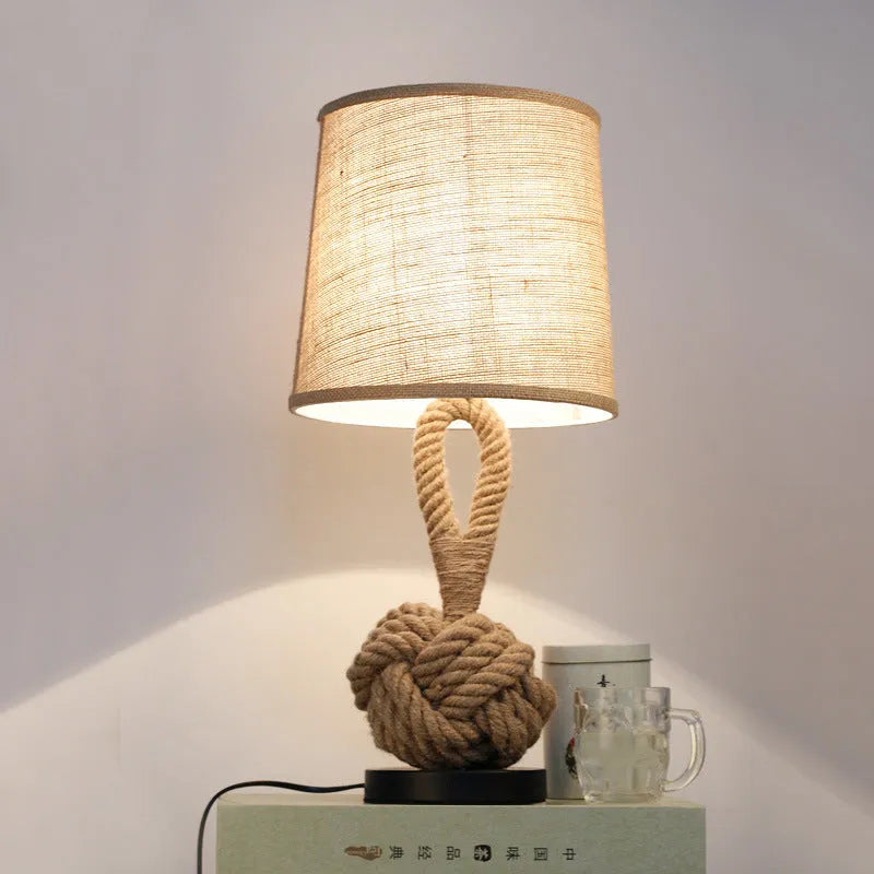 American retro metal table lamp with white fabric shade, hemp rope detail, 220V, 4kg, shown as a single tabletop lamp