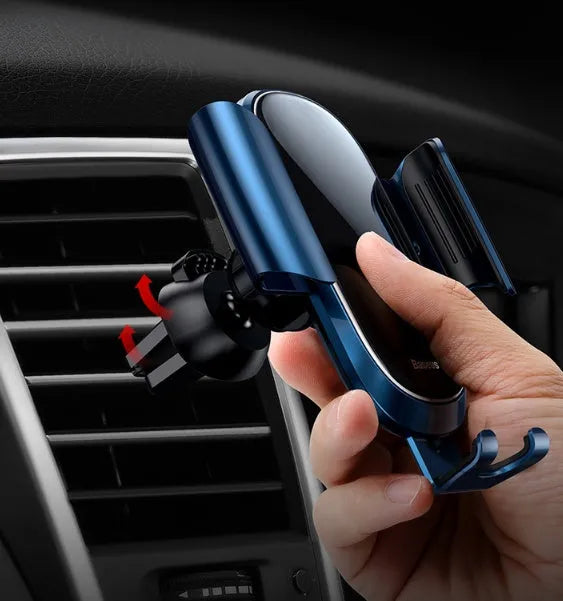 Universal car dashboard mounting bracket for smartphones in black, blue, and silvery with an adjustable arm.
